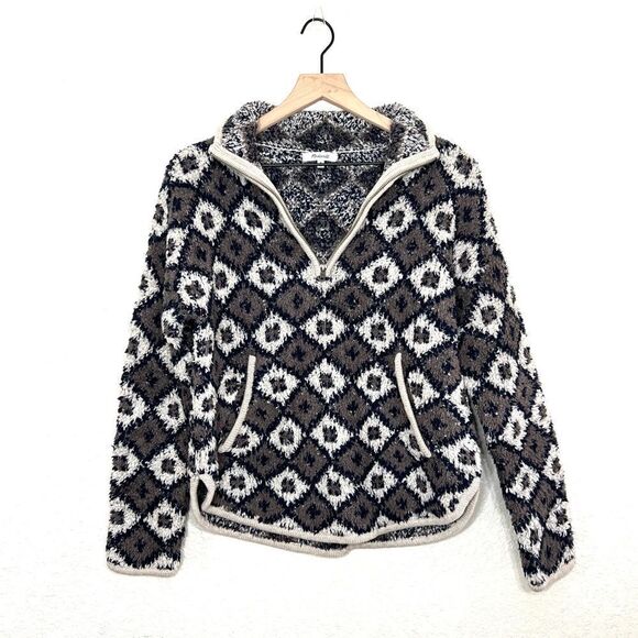 Madewell Popover Sweater Fuzzy Teddy Bear Style Fleece 1/4 Zip Diamond Print M - Picture 2 of 15